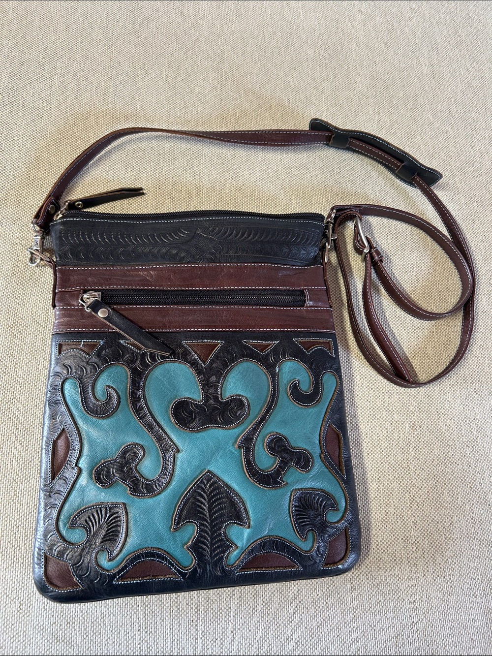 Handcrafted Teal and Brown Leather Crossbody Bag by J T Saldivar